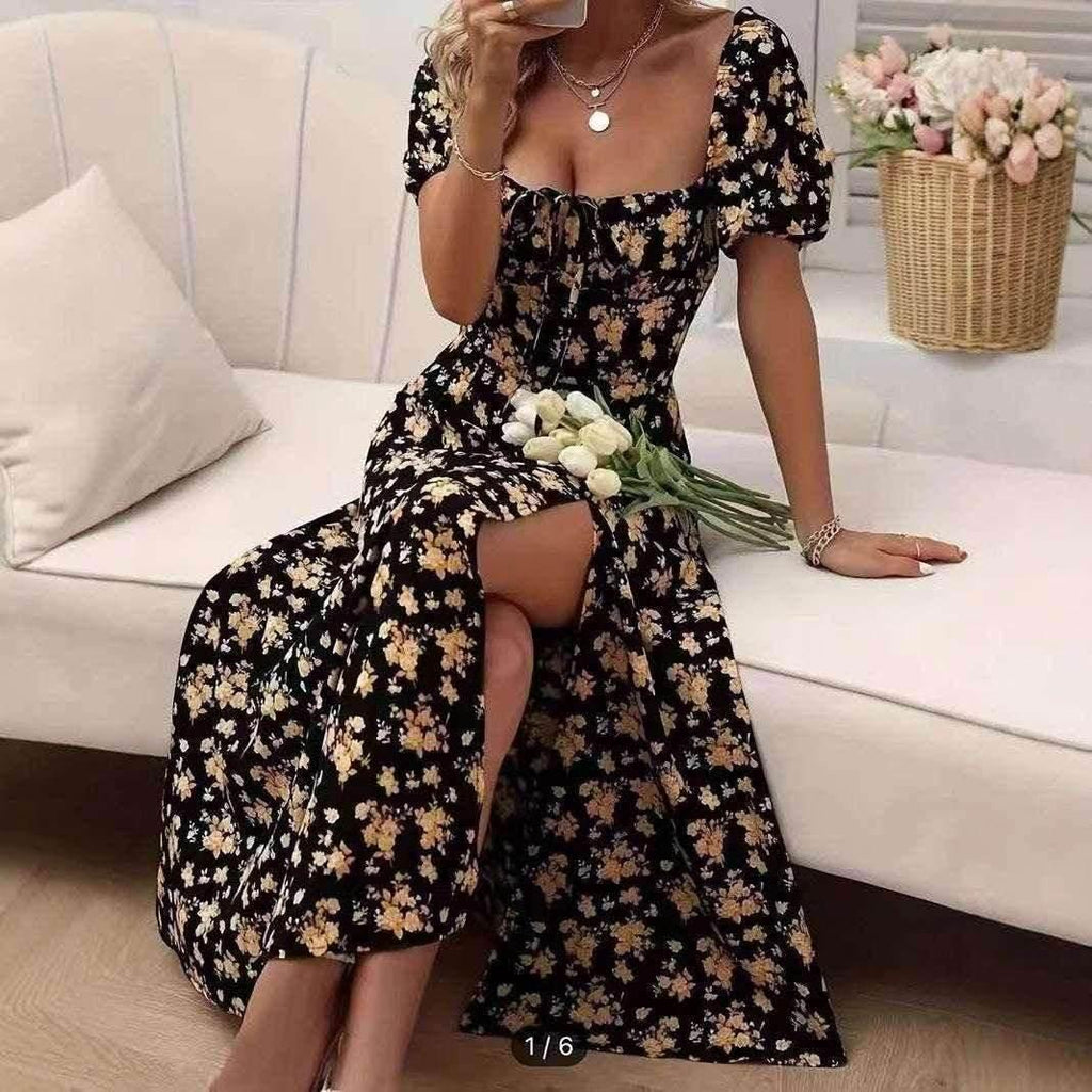 Floral Split Maxi Dress with Lace-Up Waist - ZA-Zola
