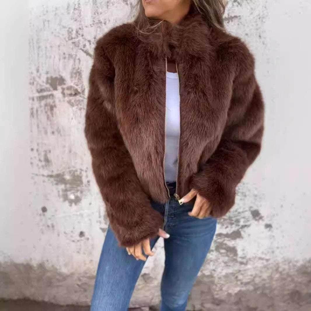 Winter Plush Stand Collar Jacket – Fleece Zipper Coat for Women - ZA-Zola