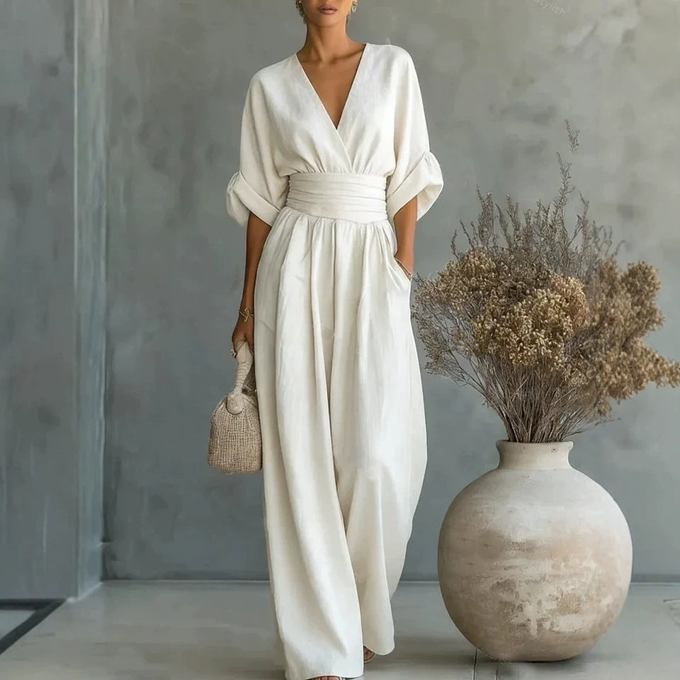 V Neck Wide Leg Jumpsuit – Short Sleeve Elegant Summer Casual Women Outfit