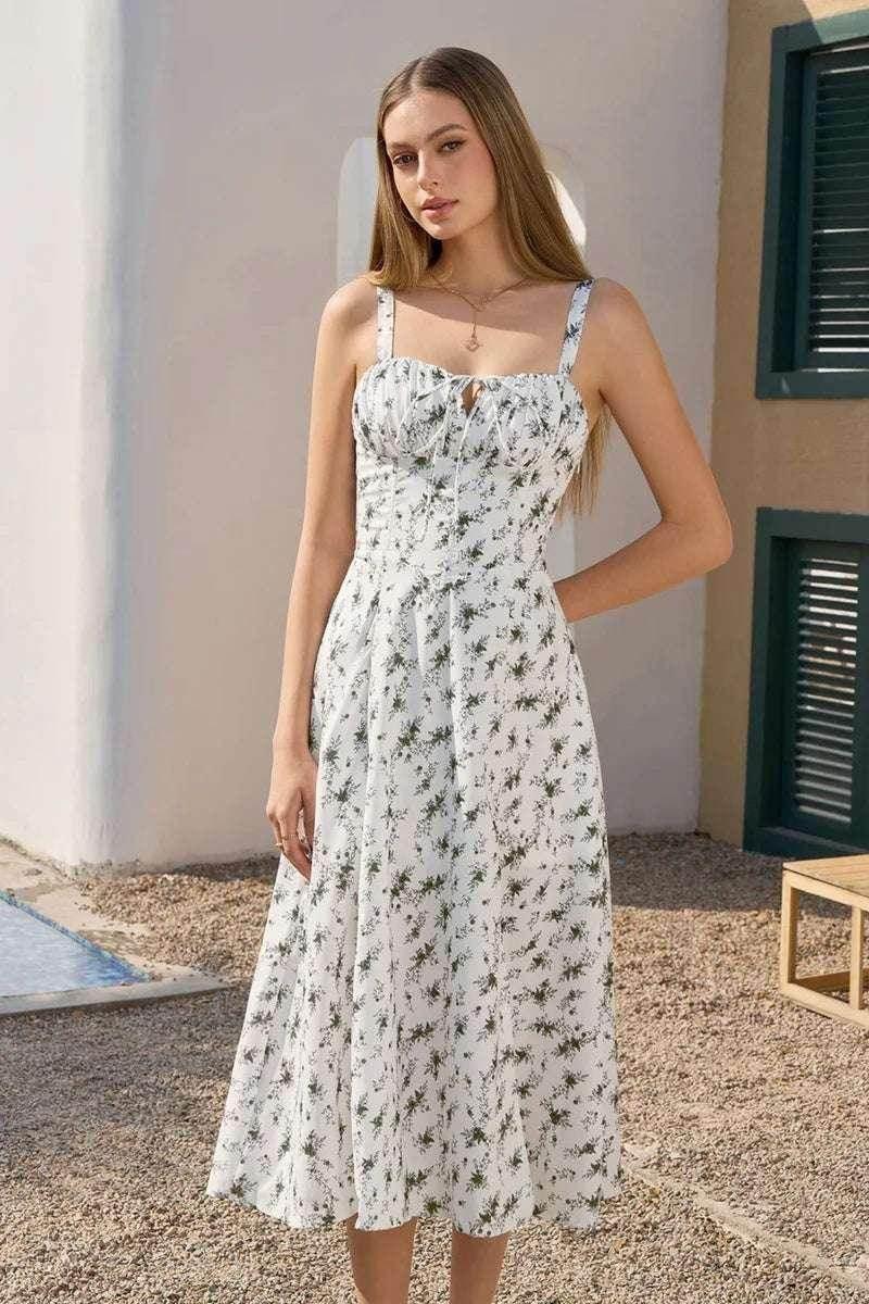 Elegant Lace-Up Mid Dress with Corset & Side Slit - ZA-Zola