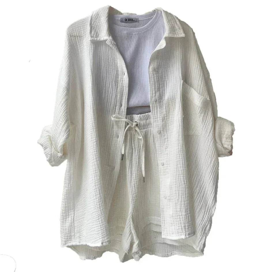 White textured lounge set with button-up shirt, drawstring shorts, and ribbed top by ZA-Zola
