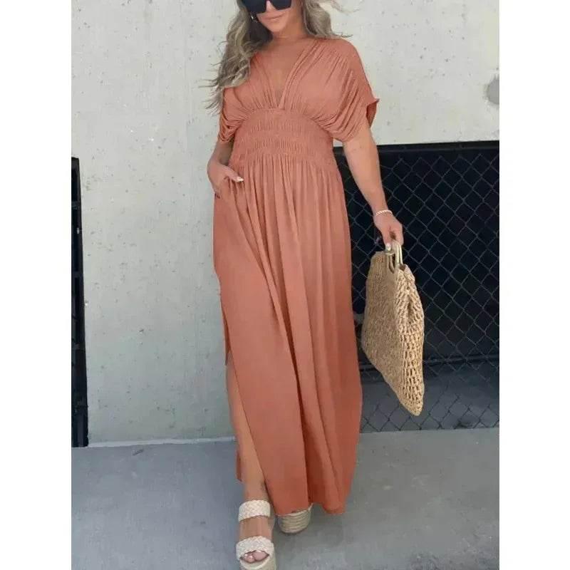 V-Neck Bat Sleeve Slit Dress – Summer Long Dress - ZA-Zola