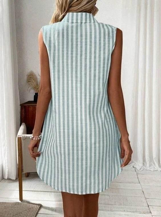 Striped V-Neck Sleeveless Shirt Dress – Cotton - ZA-Zola
