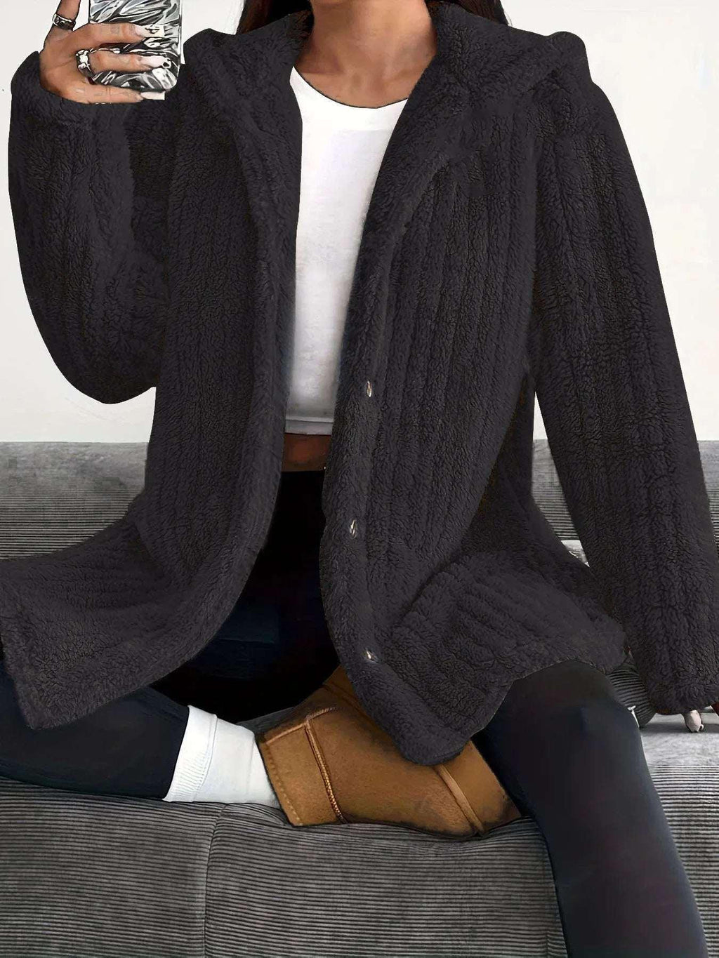 Women’s Hooded Plush Coat – Loose Long Sleeve Jacket - ZA-Zola