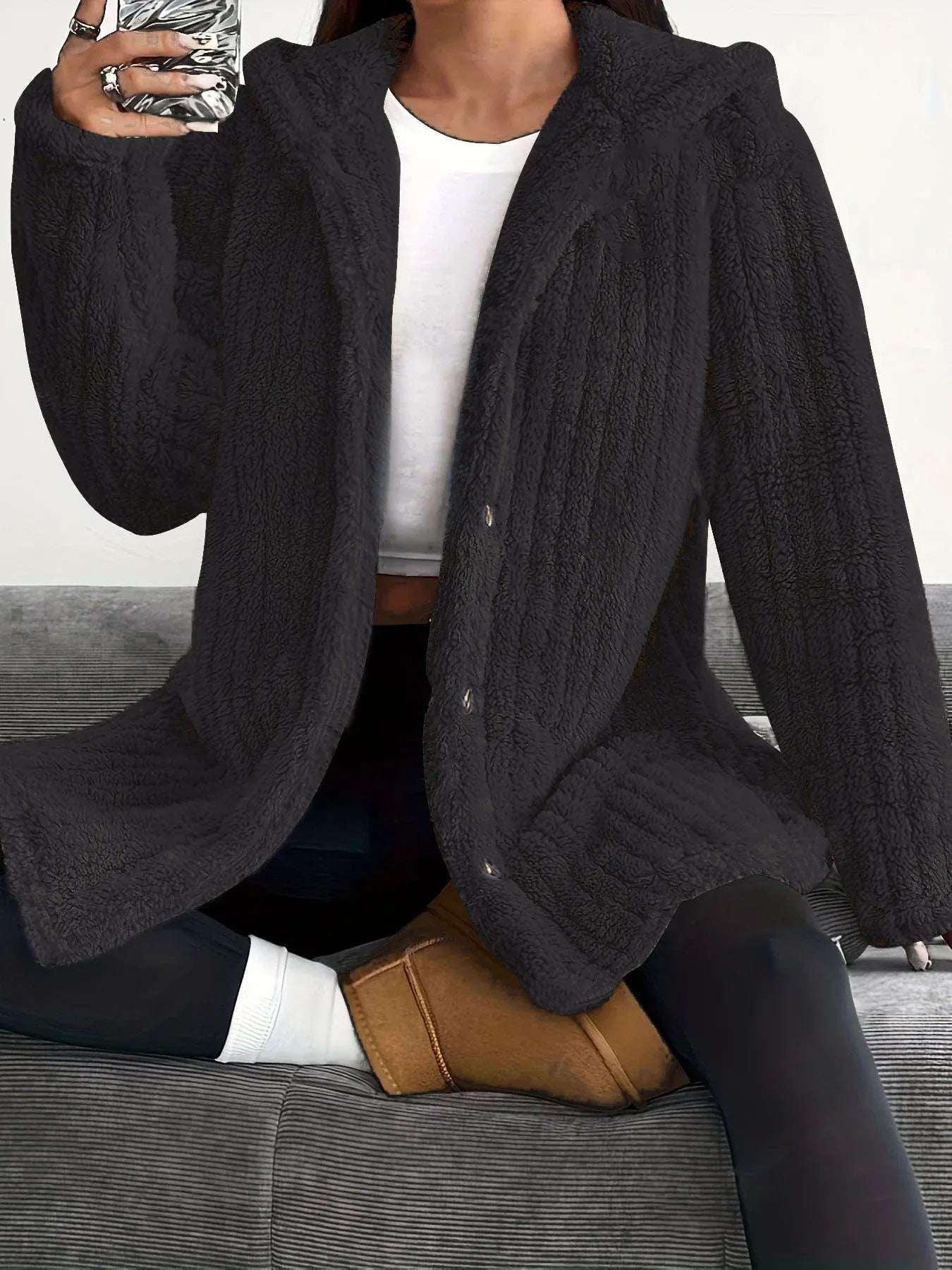 Women’s Hooded Plush Coat – Loose Long Sleeve Jacket - ZA-Zola