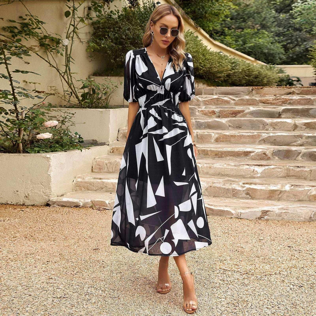 V-Neck Printed Chiffon Beach Dress for Women - ZA-Zola