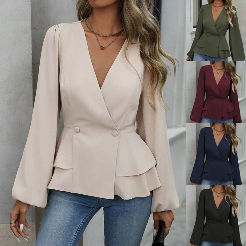 Beige peplum top worn by a model with a gray background, surrounded by other color options.