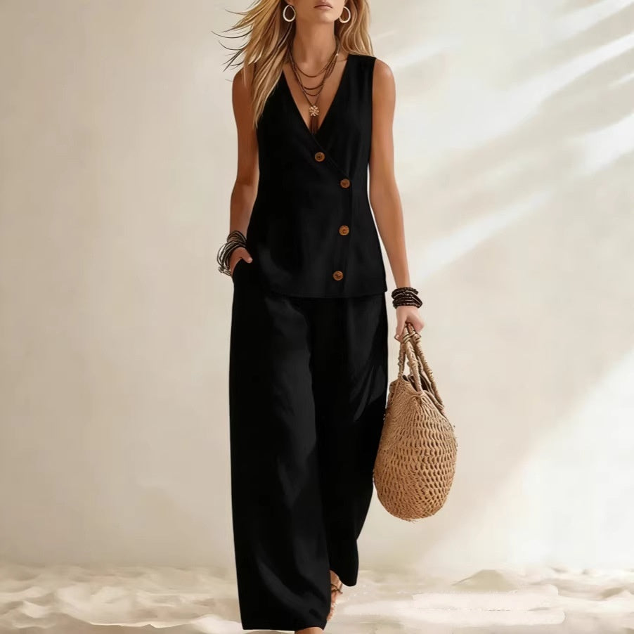 Button Up Cardigan Vest Pants Set | Womens