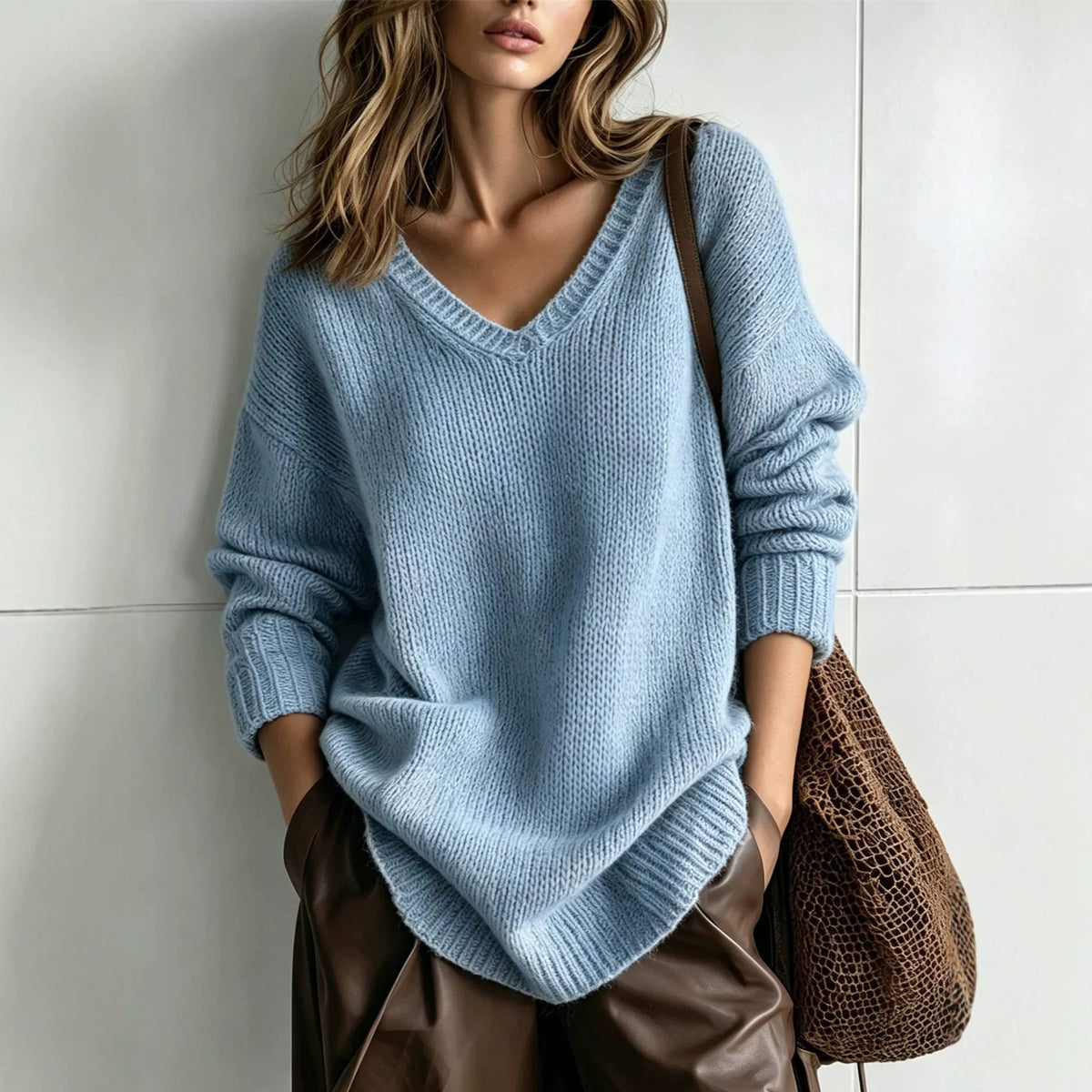 A woman wearing an oversized light blue knit V-neck sweater, styled with brown leather pants and a brown woven shoulder bag, standing against a light gray tiled wall.