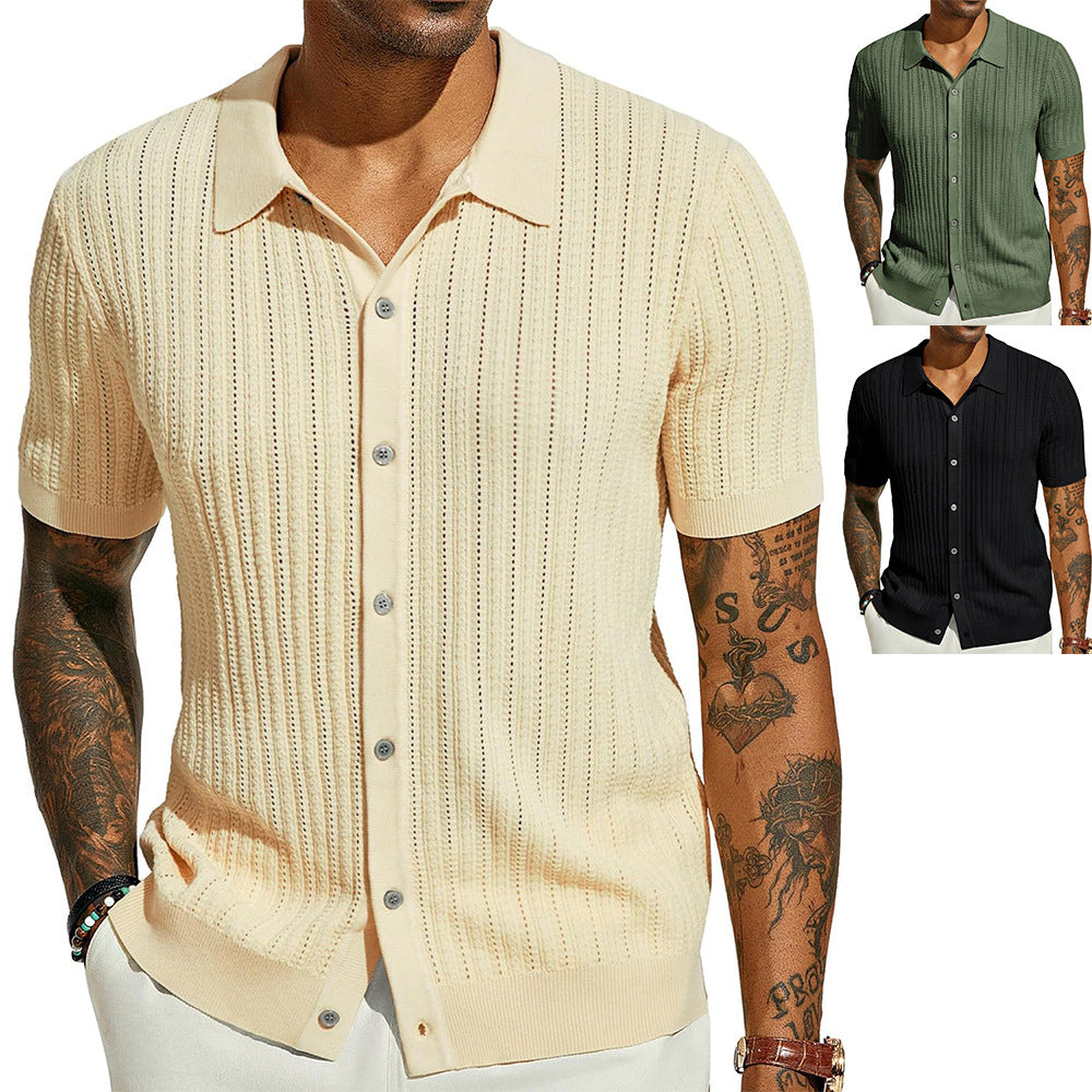 Beige short-sleeve button-up shirt worn by a person with tattoos, shown in different color options.