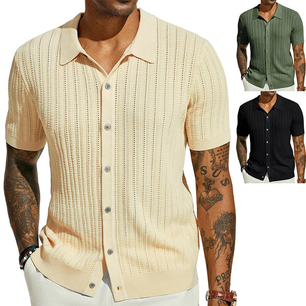 Beige short-sleeve button-up shirt worn by a person with tattoos, shown in different color options.