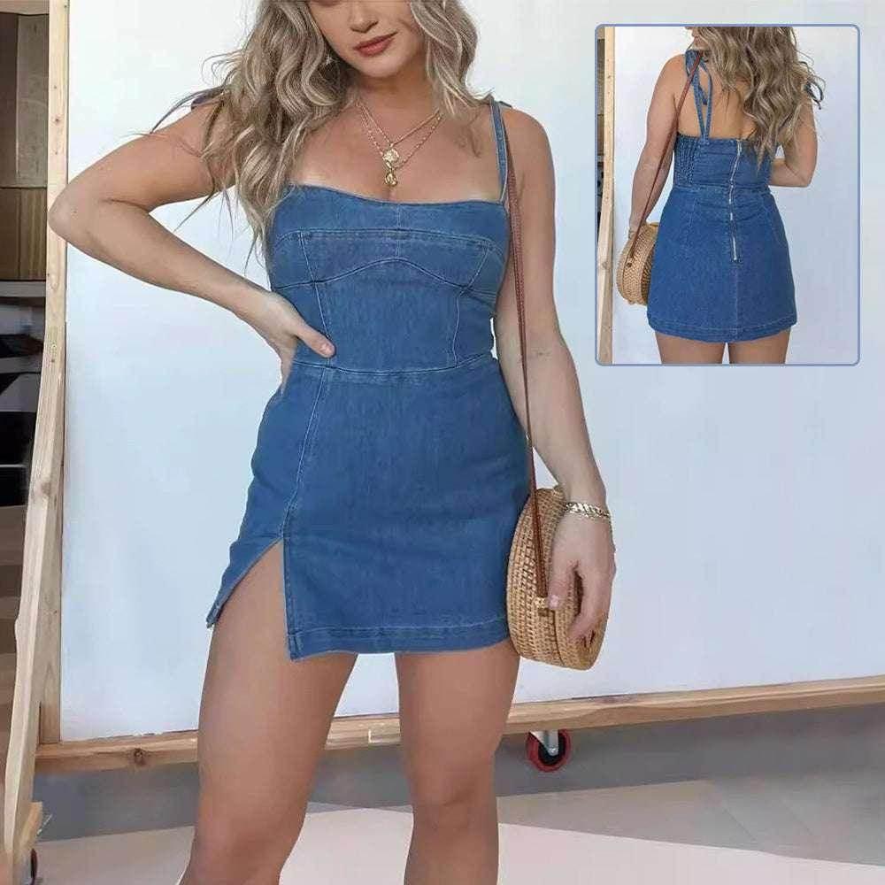 Square Neck Suspender Split Denim Dress - Slim Sling - ZA-Zola