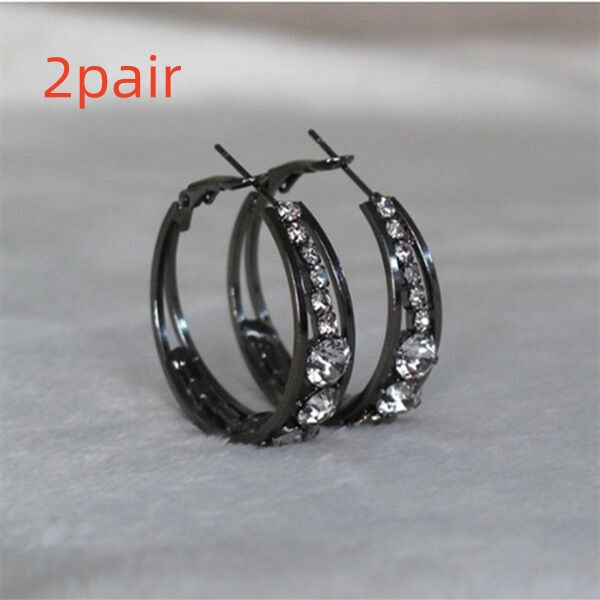 Pair of black hoop earrings with clear gemstones on a gray background, labeled '2pair'.