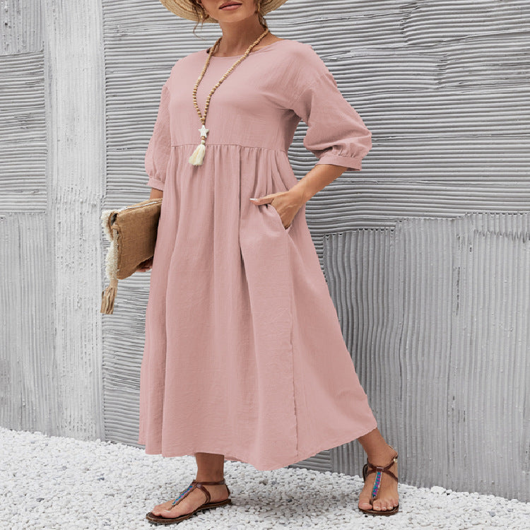 Summer Short Sleeve Round Neck A-Line Dress With Pockets Women Solid Casual Cotton Summer Dress