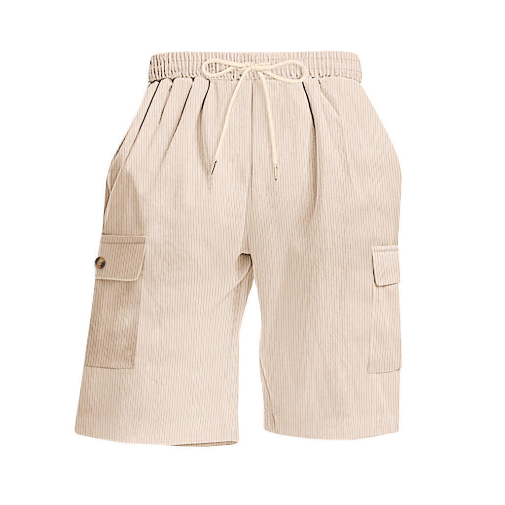 Beige cargo shorts with a drawstring on a white background