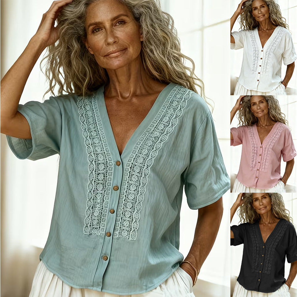 Faux Linen Embroidered Button Top | Women Casual