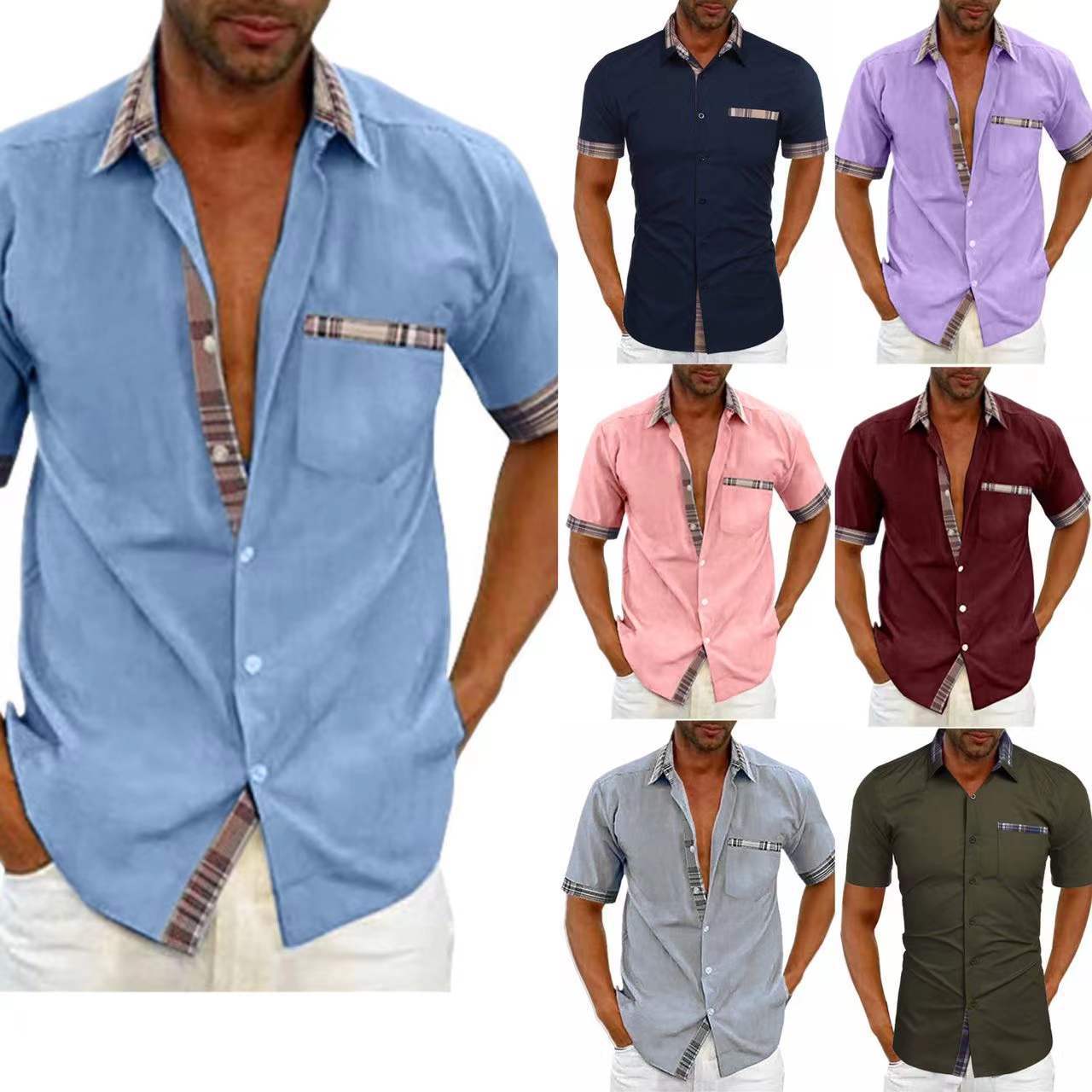 Collection of men's short-sleeve button-up shirts in various colors.