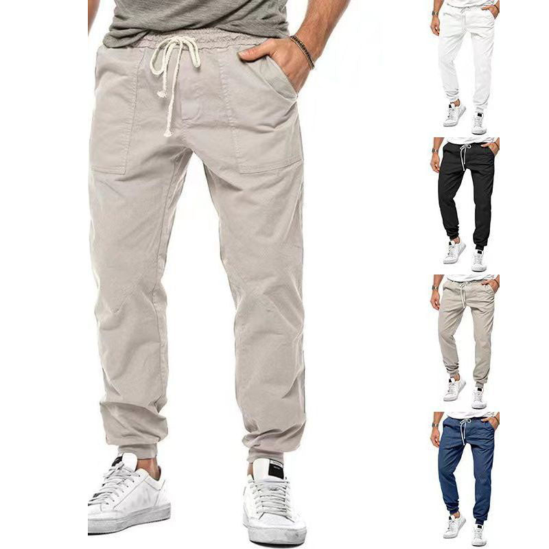 Collage of men wearing jogger pants in different colors on a white background