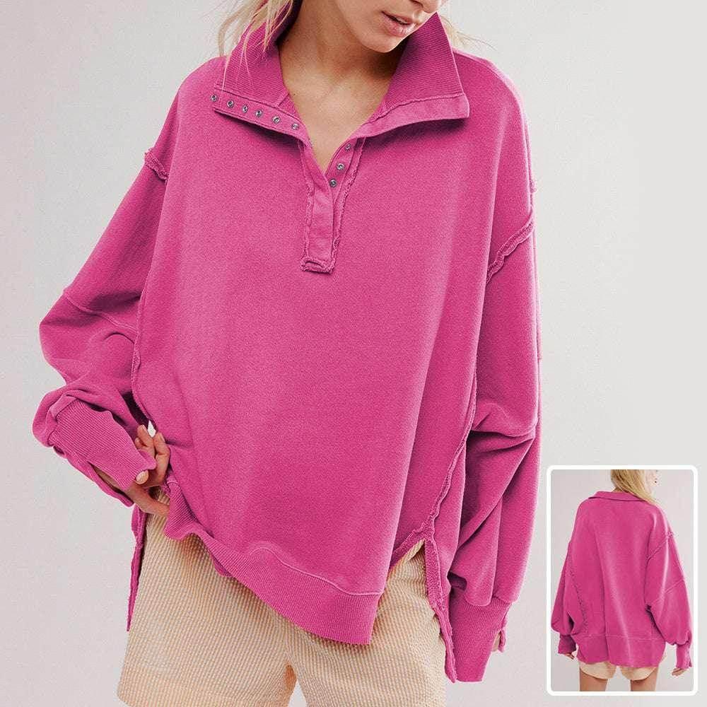 Lapel Button Slit Sweatshirt – Sporty & Stylish - ZA-Zola
