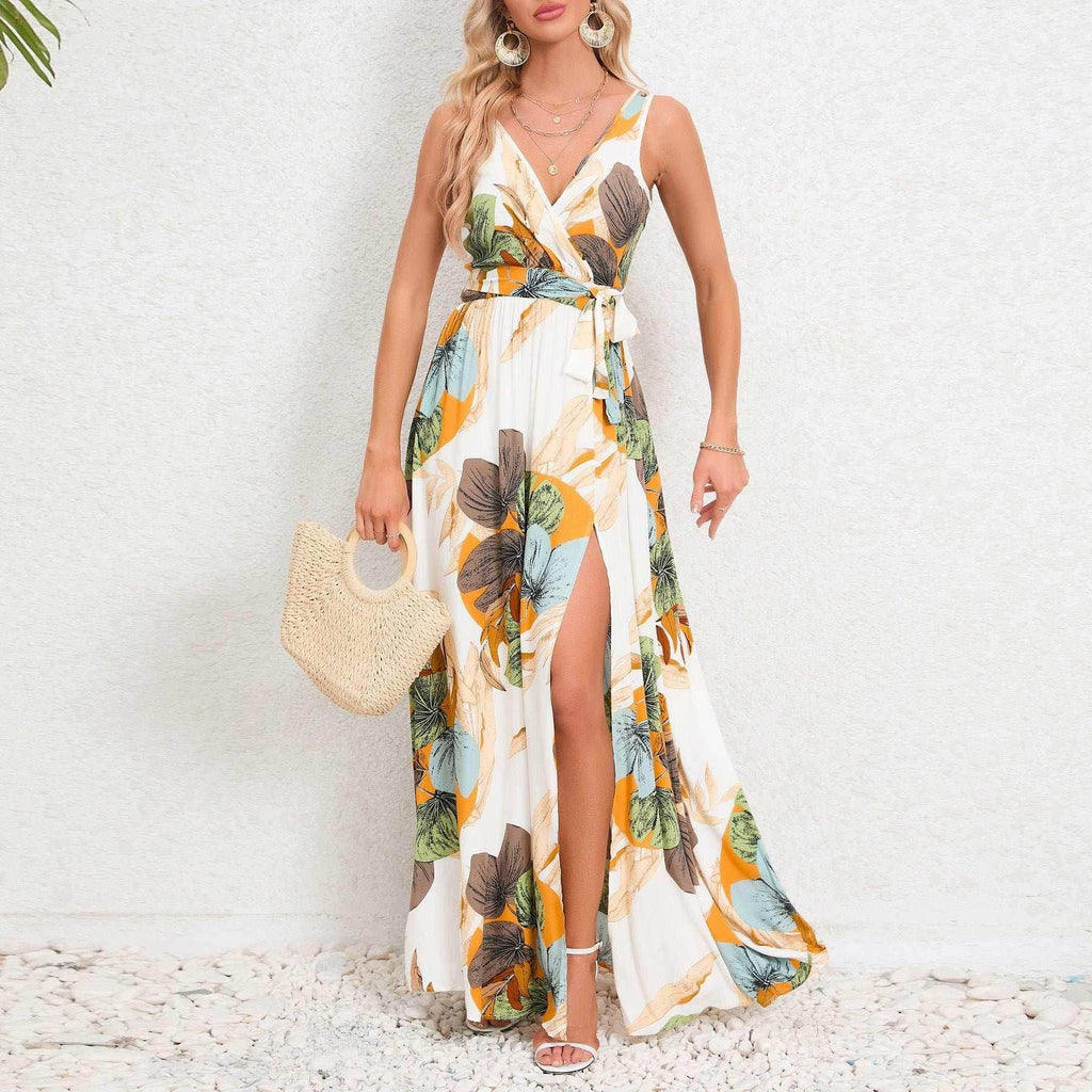 V-Neck Floral Print Long Dress with Waist Tie & Slit - ZA-Zola