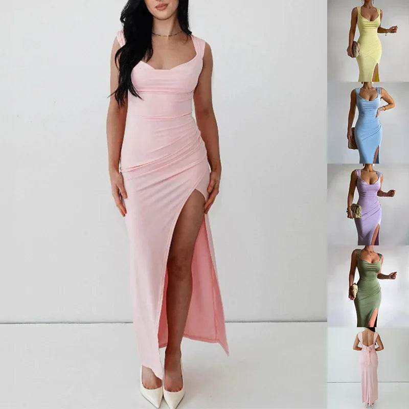 Elegant Sleeveless Slit Dress with Back Tie – Chic Look - ZA-Zola