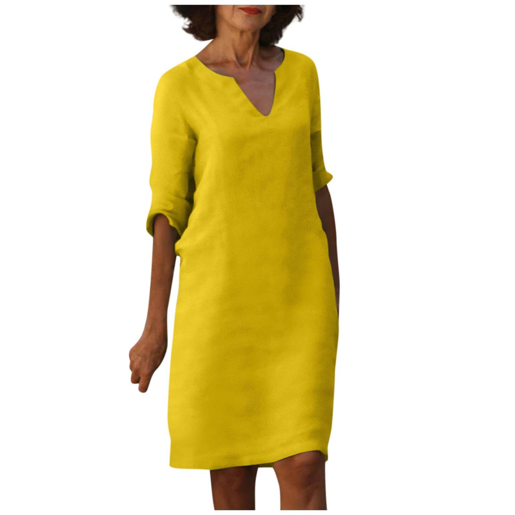 Cotton Linen V-Neck High Waist Retro Summer Dress – A-Line Solid Colour Mid-Length