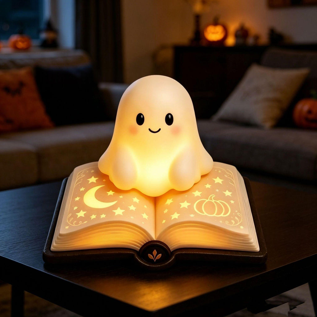 A cute ghost-shaped night light with a smiling face sits on top of an open book lamp in a cozy living room setting. The ghost glows with a warm yellow light, and the book features carved-out moon, star, and pumpkin designs on its pages.