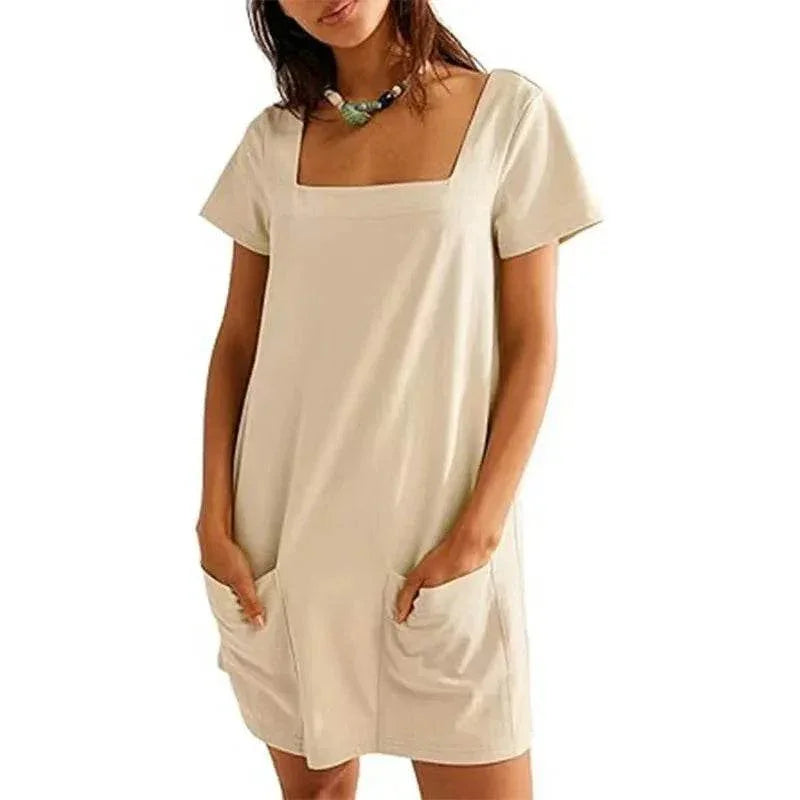 Square Collar Casual Short Dress with Pockets - ZA-Zola