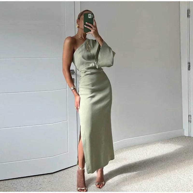 Silk Twill One-Shoulder Asymmetric Slim Dress - ZA-Zola