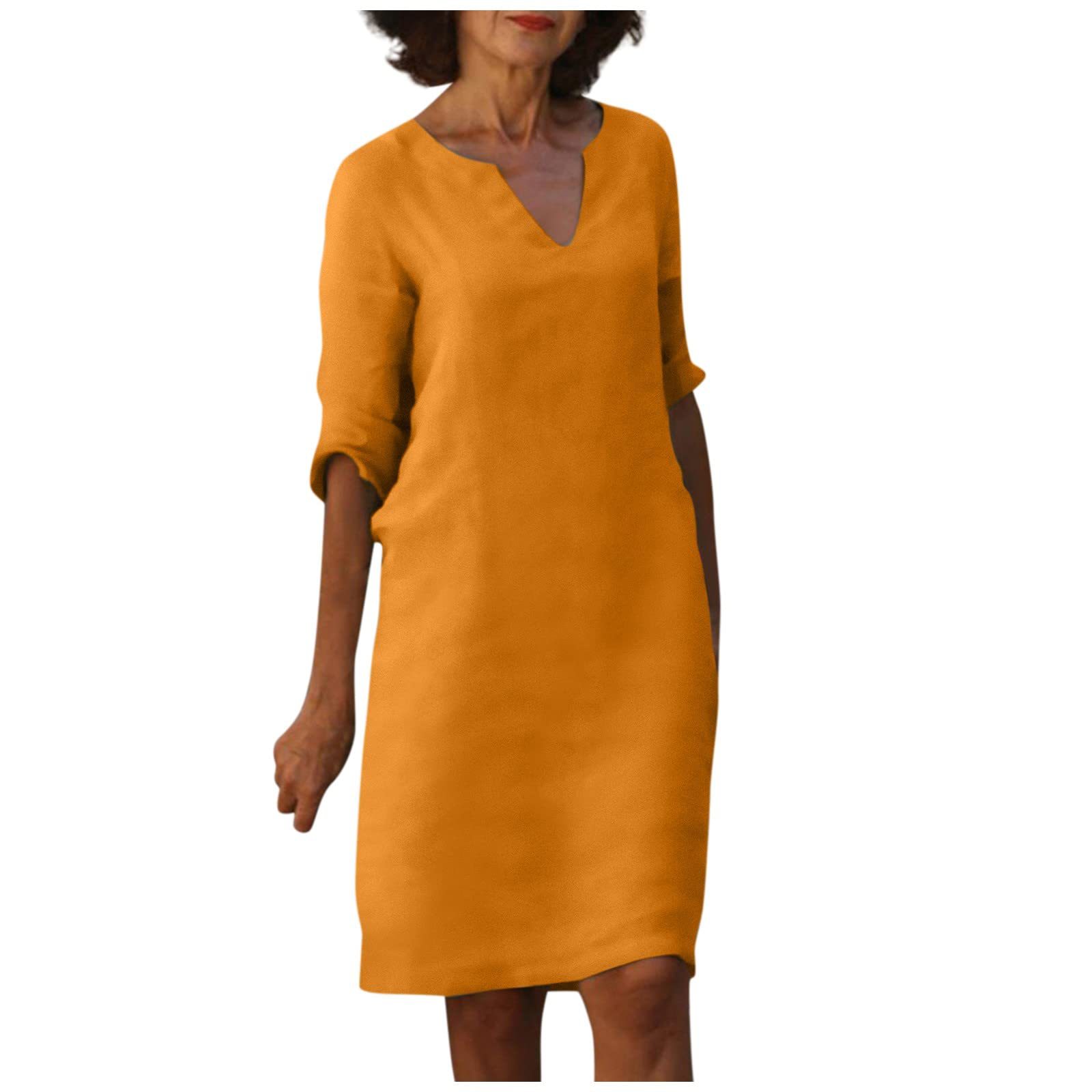 Cotton Linen V-Neck High Waist Retro Summer Dress – A-Line Solid Colour Mid-Length