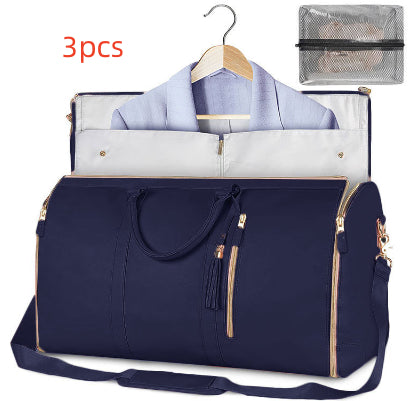 Navy blue travel bag with a hanger and garment bag on a white background