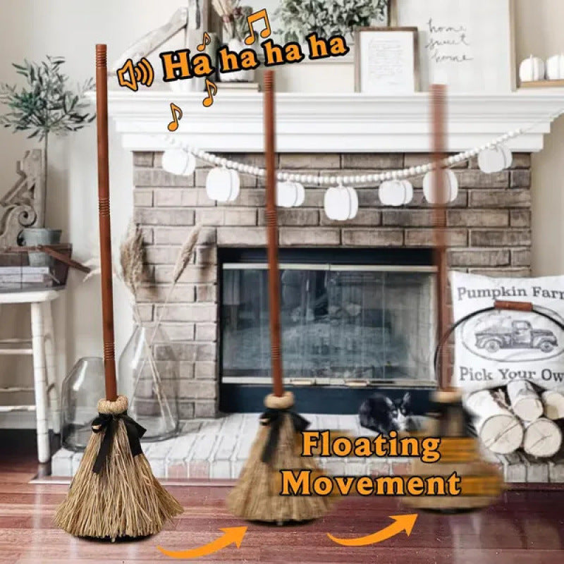 Two brooms with floating movement effect in a living room setting.