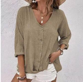 Casual V-Neck Button Top – Loose Fit for Women - ZA-Zola