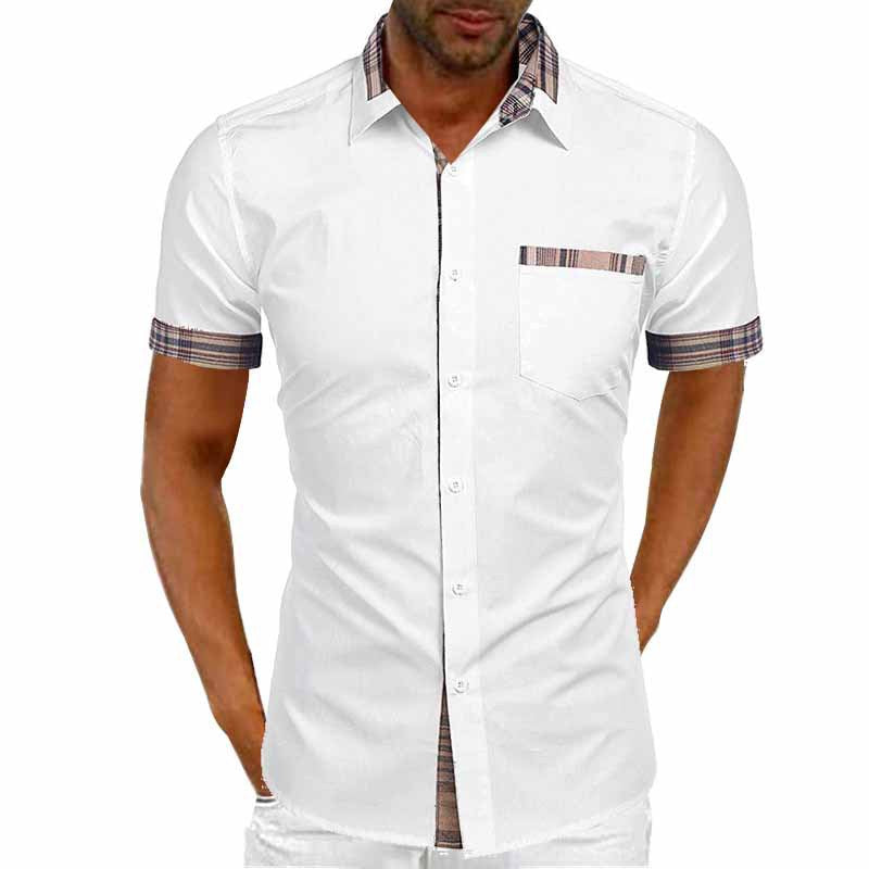 White short-sleeve shirt with plaid accents on a white background