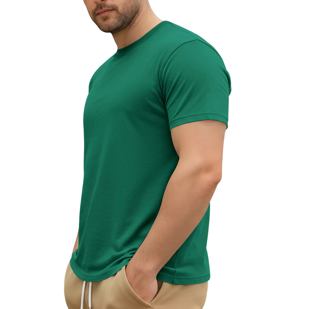 Person wearing a green t-shirt on a white background