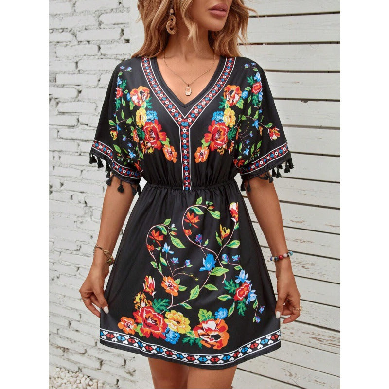 Bohemian Retro Ethnic Print Temperament Waist-Controlled Slimming Short Holiday Dress for Women