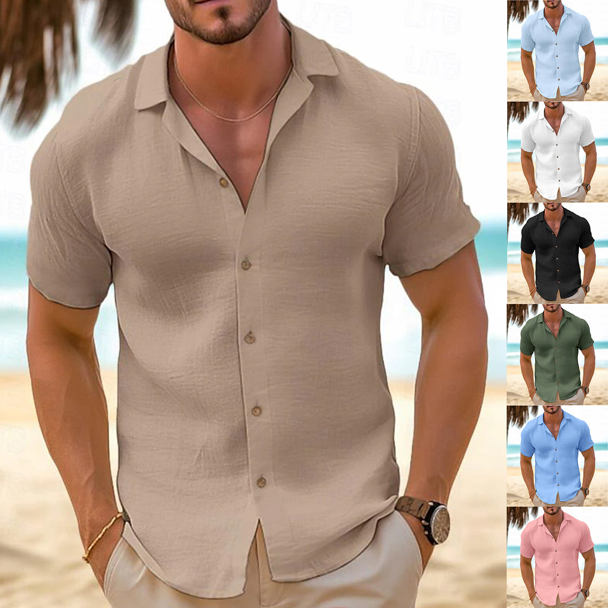 Man wearing a beige short-sleeve shirt on a beach with color options displayed.