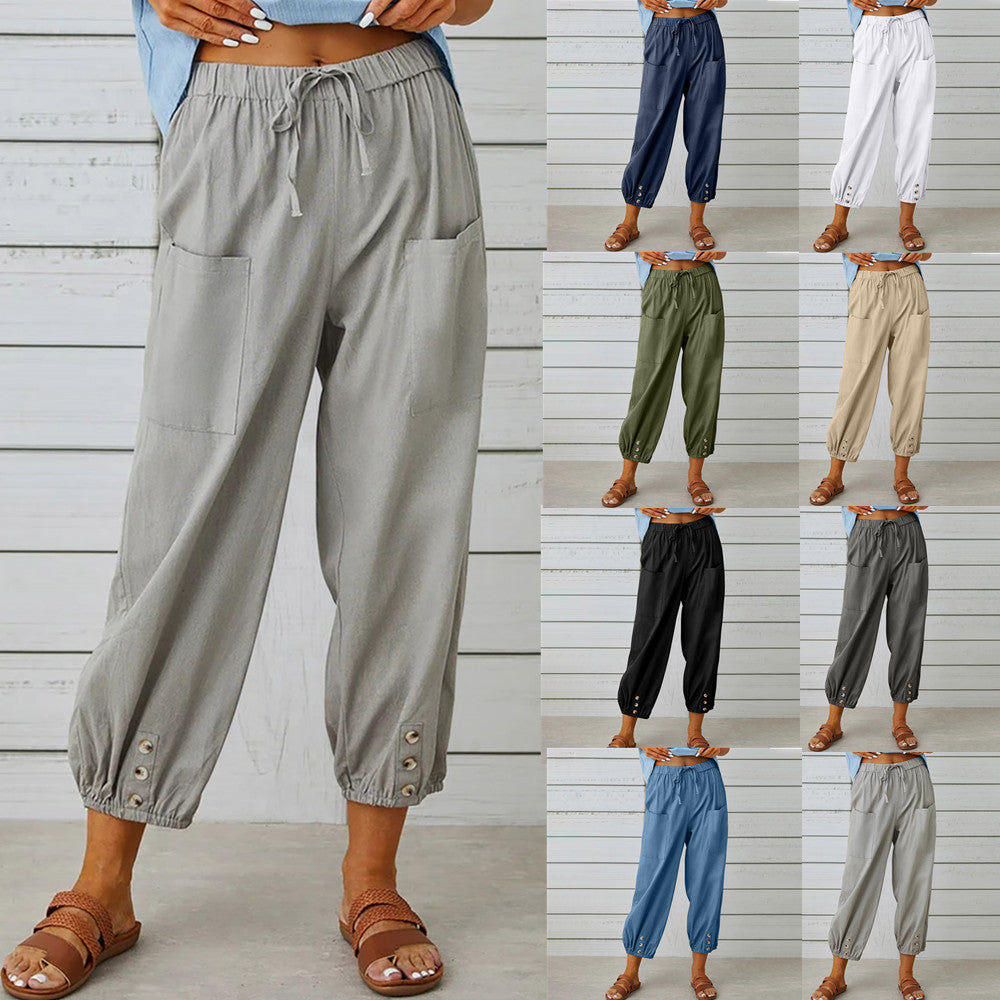 Collage of gray wide-leg pants worn by models on a light wooden floor.