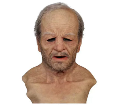 A realistic latex or silicone mask of an elderly man's head and upper chest, shown against a plain white background.