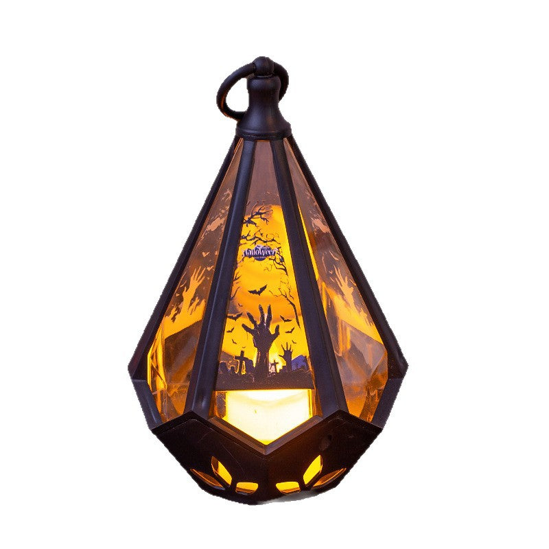 Halloween-themed decorative lantern with a glowing interior on a white background