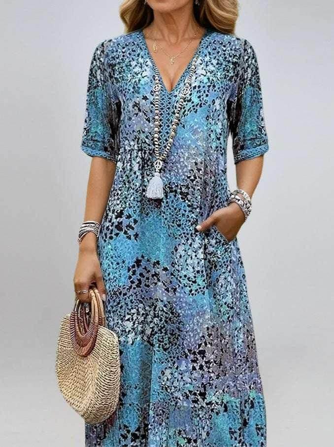 Ethnic Print V-Neck Summer Dress with Pockets - ZA-Zola