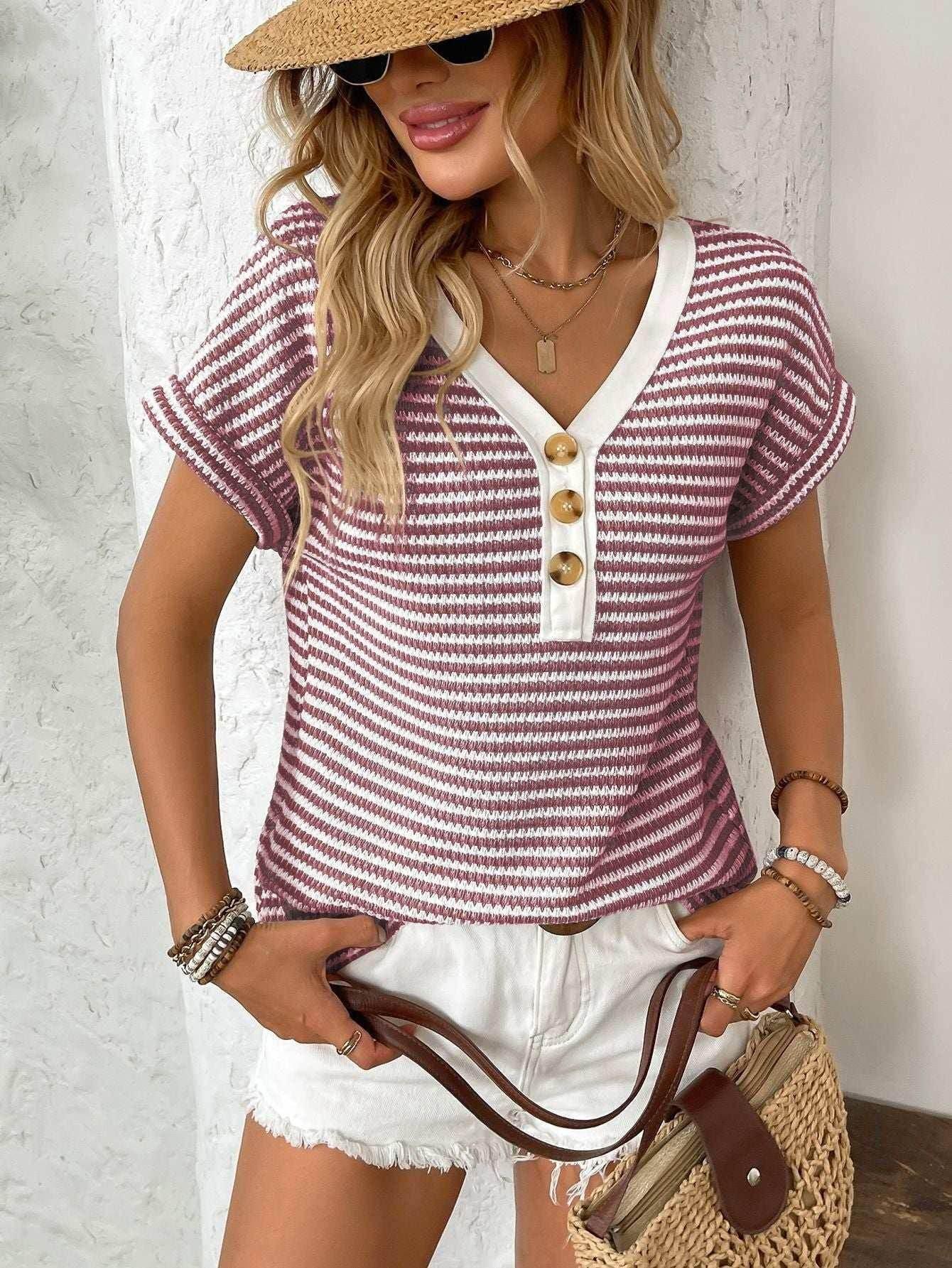 V-Neck Patchwork Knit Button T-shirt for Women - ZA-Zola