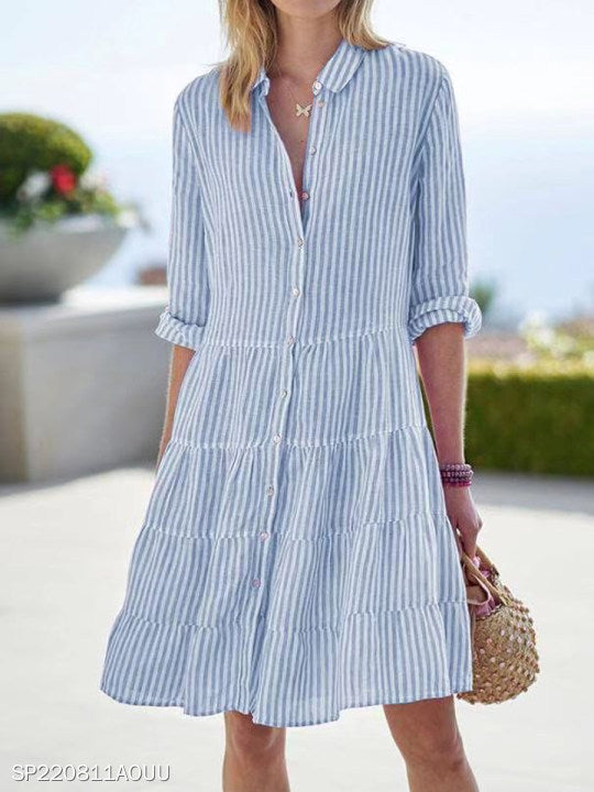 Ins Striped Long-sleeved Shirt Dress Fashion Lapel Button Women Dress