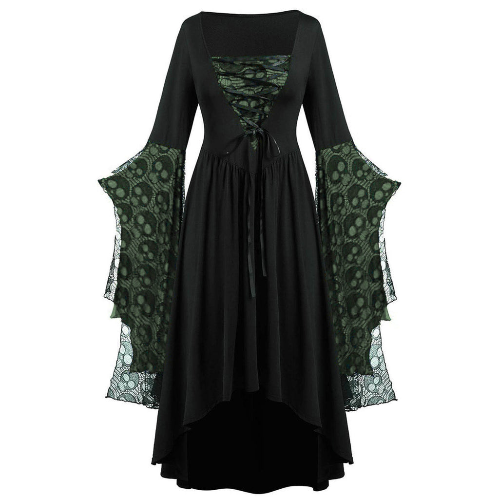 Black dress with green lace sleeves on a white background