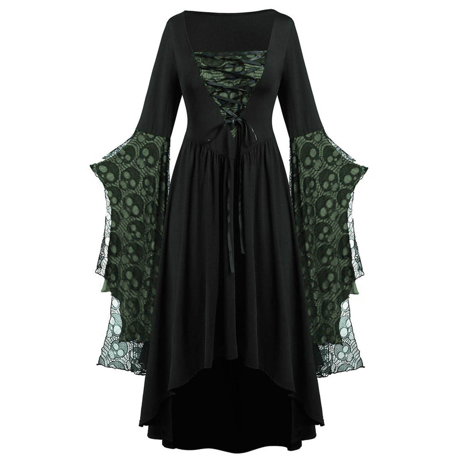 Black dress with green lace sleeves on a white background