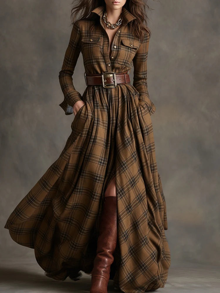 Long brown plaid dress with a belt and brown boots on a gray background