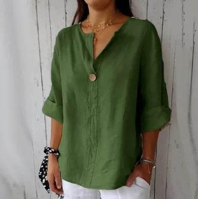 Loose Cotton Linen V-Neck Button Top for Women - ZA-Zola