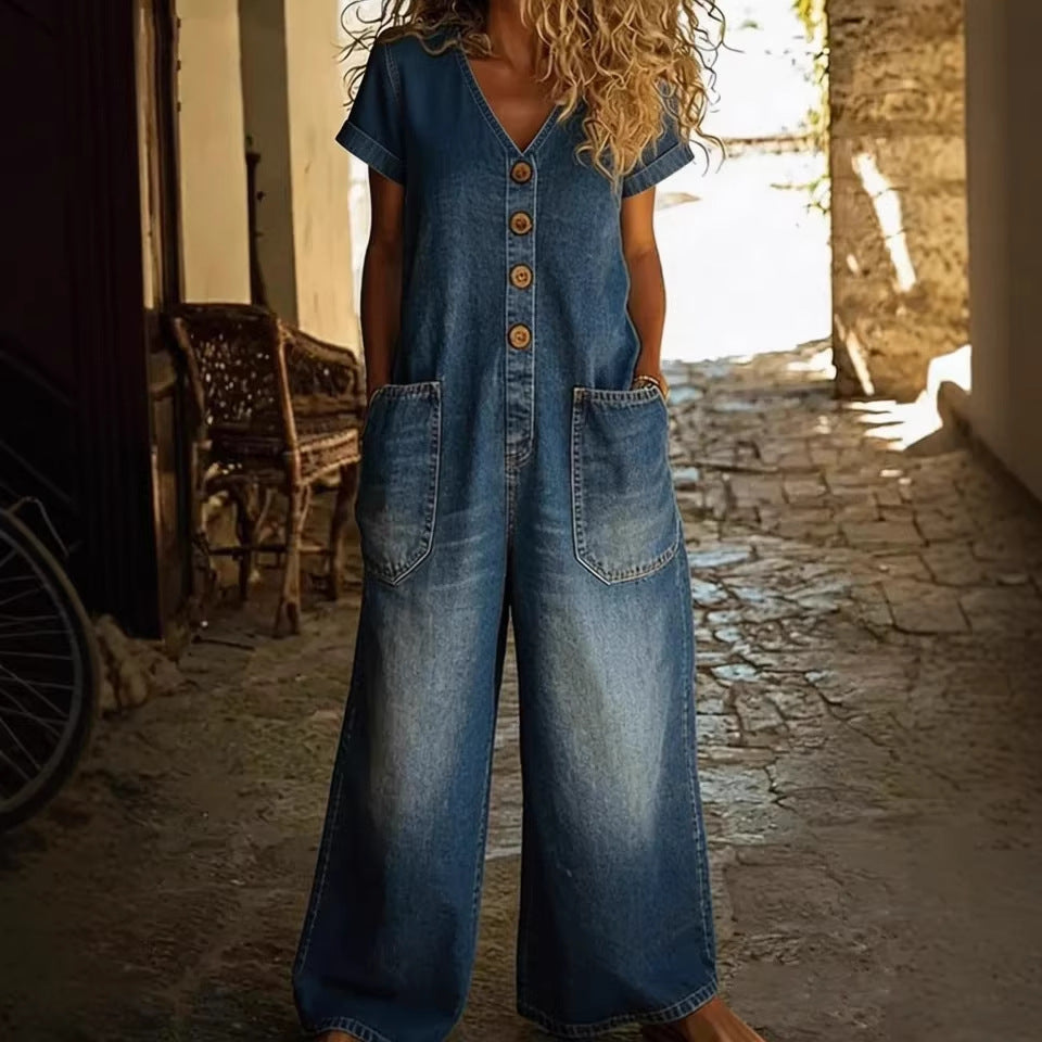 Person wearing a denim jumpsuit standing in a rustic outdoor setting.