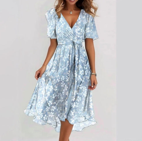 Chiffon Printed Short Sleeve V-Neck Summer Dress Elegant Women’s Midi Dress