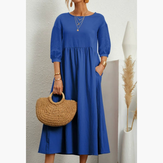 Summer Short Sleeve Round Neck A-Line Dress With Pockets Women Solid Casual Cotton Summer Dress